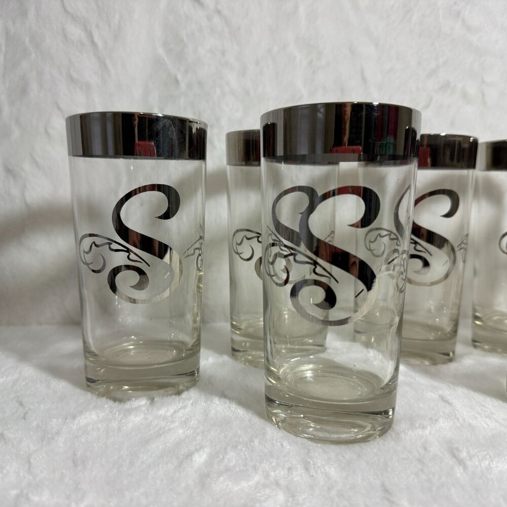 8 Vintage MCM Dorothy Thorpe Monogram “S” Silver Band Highball Tumbler Glasses - Picture 2 of 5